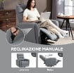 POLTRONA RELAX RECLINABILE MANUALMENTE CON POGGIAPIEDI IN TESSUTO EFFETTO PELLE E BASE GIREVOLE, GRIGIO