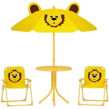 SET DA GIARDINO PER BAMBINI 2-5 ANNI CON TAVOLINO ROTONDO, 2 SEDIE PIEGHEVOLI E UN OMBRELLONE, GIALLO