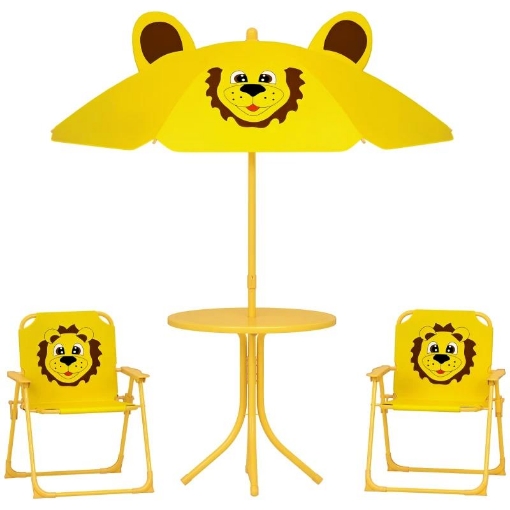 SET DA GIARDINO PER BAMBINI 2-5 ANNI CON TAVOLINO ROTONDO, 2 SEDIE PIEGHEVOLI E UN OMBRELLONE, GIALLO