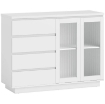 CREDENZA BUFFET IN LEGNO CON 4 CASSETTI E ARMADIETTO CON ANTE IN VETRO E RIPIANI REGOLABILI, 120X40X91 CM, BIANCO