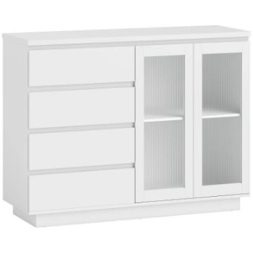 CREDENZA BUFFET IN LEGNO CON 4 CASSETTI E ARMADIETTO CON ANTE IN VETRO E RIPIANI REGOLABILI, 120X40X91 CM, BIANCO