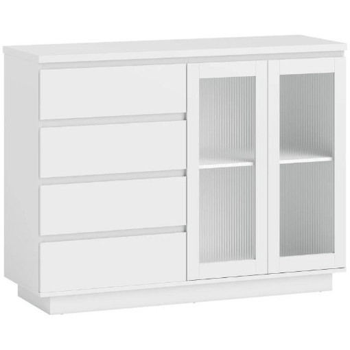 CREDENZA BUFFET IN LEGNO CON 4 CASSETTI E ARMADIETTO CON ANTE IN VETRO E RIPIANI REGOLABILI, 120X40X91 CM, BIANCO