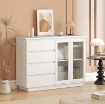 CREDENZA BUFFET IN LEGNO CON 4 CASSETTI E ARMADIETTO CON ANTE IN VETRO E RIPIANI REGOLABILI, 120X40X91 CM, BIANCO