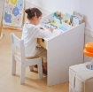 SET SCRIVANIA E SEDIA PER BAMBINI CON CASSETTO E SCAFFALE, BORDI ARROTONDATI, ETÓ 6-10 ANNI, BIANCO E LEGNO