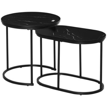 SET 2 TAVOLINI DA CAFFÈ CON PIANO EFFETTO MARMO, IN LEGNO E ACCIAIO, Ï50X50.5 CM E 60X36X43.5 CM, NERO