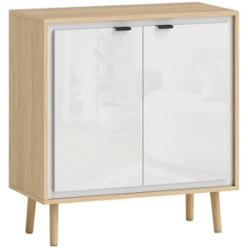 CREDENZA MODERNA A 2 ANTE CON RIPIANO REGOLABILE, 72X35X77 CM, BIANCO LUCIDO E ROVERE