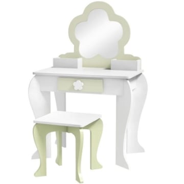 SET TOELETTA PER BAMBINA CON SPECCHIO TRUCCO E SGABELLO ABBINATO IN LEGNO, CASSETTO E CONTENITORI, BIANCO