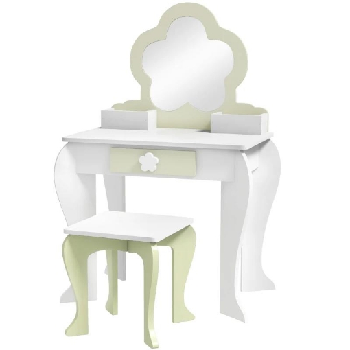SET TOELETTA PER BAMBINA CON SPECCHIO TRUCCO E SGABELLO ABBINATO IN LEGNO, CASSETTO E CONTENITORI, BIANCO