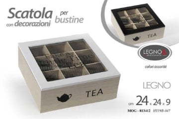 SCATOLA PER TÈ QUADRATA IN ELGNO, CON DESIGN, 9 SCOMPARTI  24X24X9CM ASSORTITO