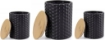 TRIS BARATTOLI TONDI DA CUCINA 2 DA 10X13 E UNO DA 13X17 CM IN CERAMICA NERA CON TAPPO IN LEGNO
