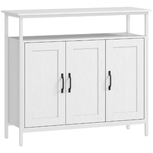 CREDENZA DA CUCINA CON RIPIANO APERTO E 2 ARMADIETTI, IN LEGNO E ACCIAIO, 100X35X88 CM, BIANCO