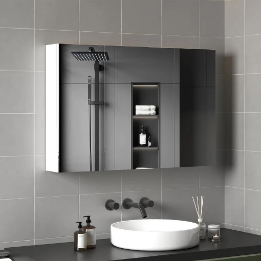 ARMADIETTO PENSILE BAGNO CON 3 ANTE A SPECCHIO E RIPIANI REGOLABILI IN LEGNO 90X13.5X60 CM, BIANCO