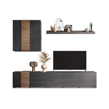 XXPRE PARETE ATTREZZATA SABRY 301 CM TITANIO ROVERE KADIZ CON 1 MOBILE PORTA TV 1 PENSILE E 1 MESONLA DESIGN MODERNO 