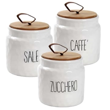 TRIS BARATTOLI MODELLO ONDULATO PER SALE ZUCCHERO E CAFFÈ 14 CM BIANCO CON TAPPO IN LEGNO