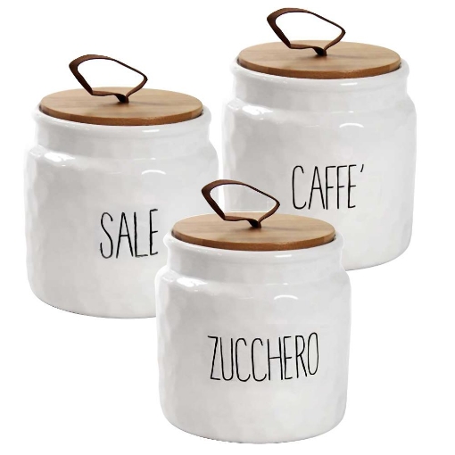 TRIS BARATTOLI MODELLO ONDULATO PER SALE ZUCCHERO E CAFFÈ 14 CM BIANCO CON TAPPO IN LEGNO