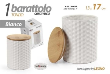 BARATTOLO TONDO DA CUCINA 13X17CM IN CERAMICA BIANCA CON TAPPO IN LEGNO