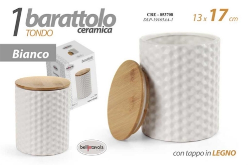 BARATTOLO TONDO DA CUCINA 13X17CM IN CERAMICA BIANCA CON TAPPO IN LEGNO