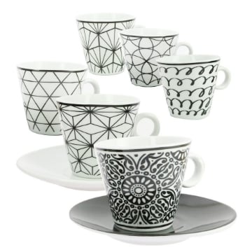 SET 6 TAZZINE CAFFE' DESIGN MODERN CON PIATTINO COLORE NERO E BIANCO 6 X 6 CM IN SCATOLA