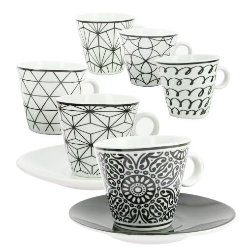 SET 6 TAZZINE CAFFE' DESIGN MODERN CON PIATTINO COLORE NERO E BIANCO 6 X 6 CM IN SCATOLA