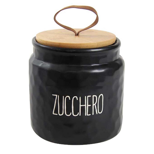 BARATTOLO MODELLO ONDULATO PER ZUCCHERO 14 CM NERO CON TAPPO IN LEGNO 