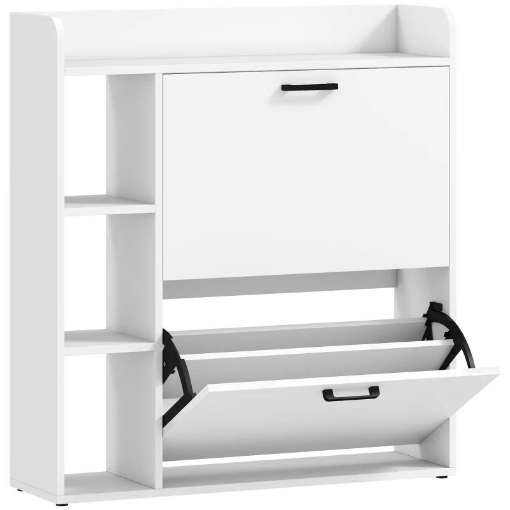 SCARPIERA SLIM CON 2 CASSETTI RIBALTABILI E 3 VANI APERTI, CAPACITÓ 15 SCARPE, 83X24X90.5 CM, BIANCO