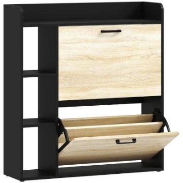 SCARPIERA SLIM CON 2 CASSETTI RIBALTABILI E 3 VANI APERTI, CAPACITÀ 15 SCARPE, 83X24X90.5 CM, NERO