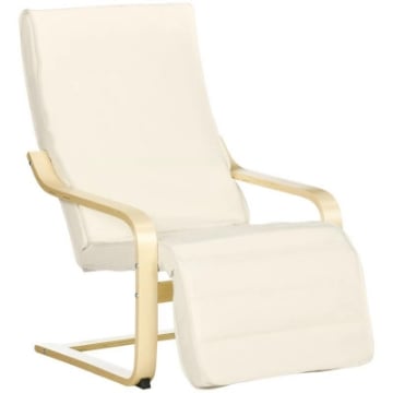 POLTRONA RELAX CON POGGIAPIEDI A 5 LIVELLI E POGGIATESTA, LEGNO DI BETULLA E TESSUTO, 66,5X94X100 CM, CREMA