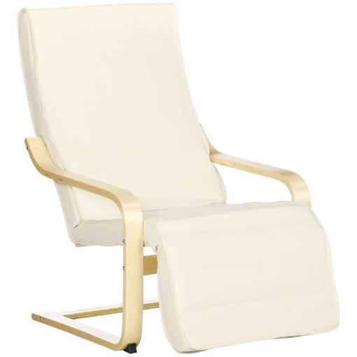 POLTRONA RELAX CON POGGIAPIEDI A 5 LIVELLI E POGGIATESTA, LEGNO DI BETULLA E TESSUTO, 66,5X94X100 CM, CREMA