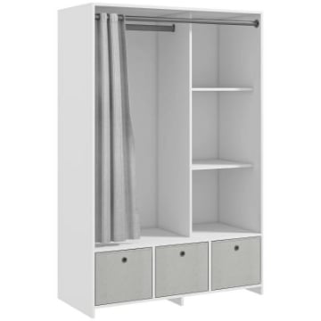 ARMADIO GUARDAROBA CON BARRA APPENDIABITI, 3 CASSETTI IN TESSUTO E 3 RIPIANI, 105X48X160 CM, BIANCO E GRIGIO