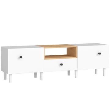 MOBILE TV 70" MAX CON 2 ANTE A RIBALTA, CASSETTO E SCAFFALE APERTO, IN LEGNO, 150X35X45 CM, BIANCO E COLOR LEGNO