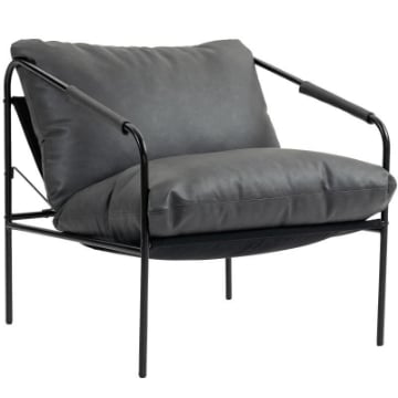 POLTRONA DA SALOTTO IN PELLE PU E TELAIO IN METALLO CON CUSCINI SPESSI, 74.5X75X77 CM, GRIGIO CARBONE