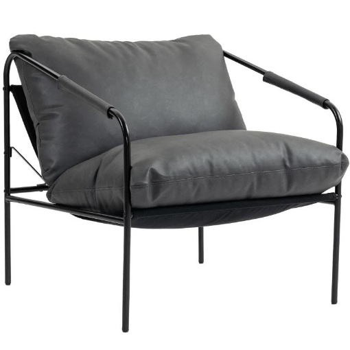 POLTRONA DA SALOTTO IN PELLE PU E TELAIO IN METALLO CON CUSCINI SPESSI, 74.5X75X77 CM, GRIGIO CARBONE