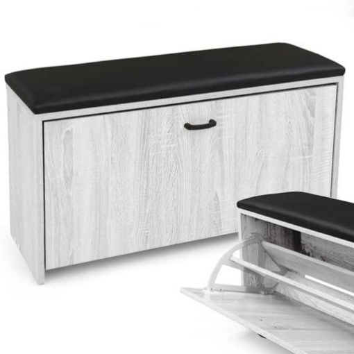 SCARPIERA PANCA IN LEGNO TRUCIOLARE CON CUSCINO, PANNELLO POSTERIORE BIANCO LEGNO 80 X 24 X 41 CM