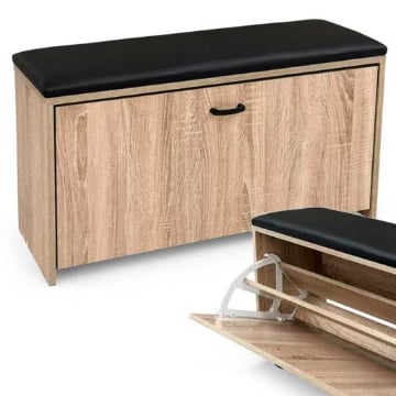 SCARPIERA PANCA IN LEGNO TRUCIOLARE CON CUSCINO, PANNELLO POSTERIORE ROVERE 80 X 24 X 41 CM