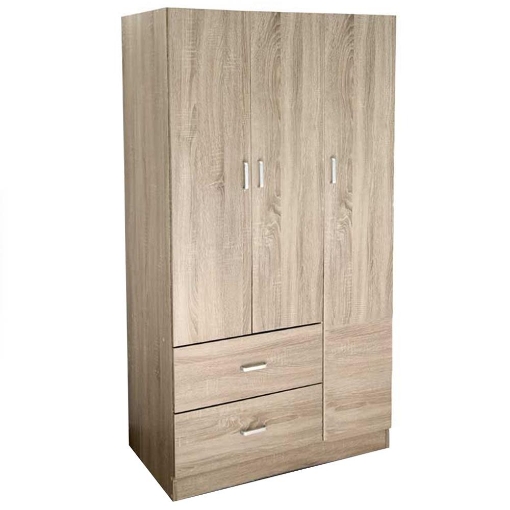 ARMADIO IN LEGNO CON 3 ANTE E CASSETTI, RIPIANI, APPENDIABITI, ROVERE 120 X 52 X 190 CM
