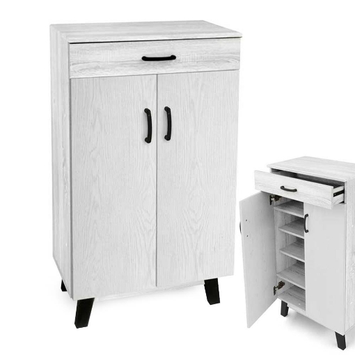 SCARPIERA ALTA STRUTTURA IN LEGNO TRUCIOLARE CON MELAMINICO 2 ANTE 4 RIPIANI 1 CASSETTO, BIANCO 60 X 32 X 108CM