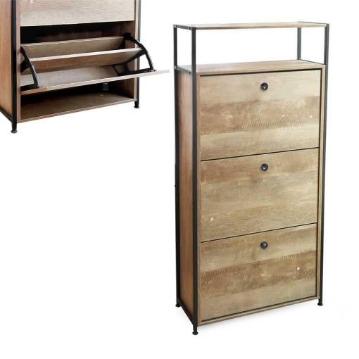 SCARPIERA ALTA IN LEGNO NATURALE E STRUTTURA IN METALLO NERO, 3 CASSETTI. 2 RIPIANI 60 X 24 X 132H CM 