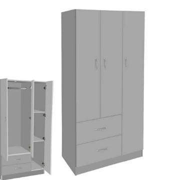 ARMADIO IN LEGNO CON 3 ANTE E 2 CASSETTI RIPIANI INTERNI, GRIGIO 90 X 42 X 180 CM 
