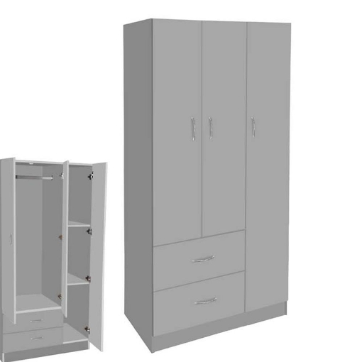 ARMADIO IN LEGNO CON 3 ANTE E 2 CASSETTI RIPIANI INTERNI, GRIGIO 90 X 42 X 180 CM 