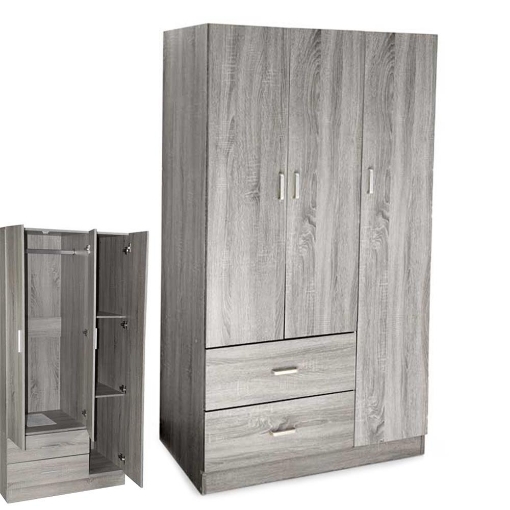 ARMADIO IN LEGNO CON 3 ANTE E 2 CASSETTI RIPIANI INTERNI, ROVERE GRIGIO 90 X 42 X 180 CM 