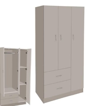 ARMADIO IN LEGNO CON 3 ANTE E 2 CASSETTI RIPIANI INTERNI, TORTORA 90 X 42 X 180 CM 