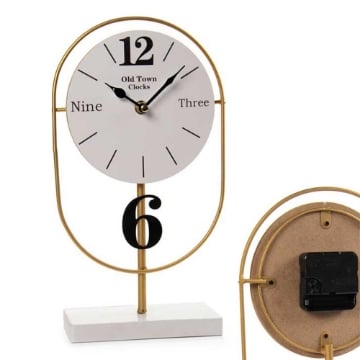 OROLOGIO ANALOGICO DA TAVOLO EFFETTO LEGNO BIANCO CON STRUTTURA IN METALLO DORATA 31 CM