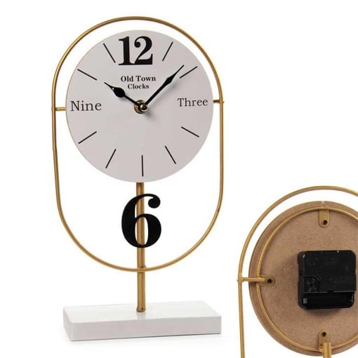 OROLOGIO ANALOGICO DA TAVOLO EFFETTO LEGNO BIANCO CON STRUTTURA IN METALLO DORATA 31 CM