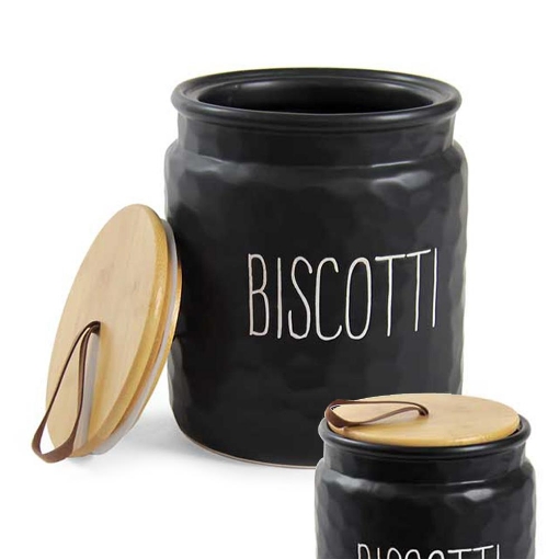 PORTA BISCOTTI MODELLO ONDULATO 15 X 18 CM NERO CON TAPPO IN LEGNO 