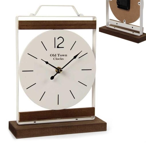 OROLOGIO DA TAVOLO IN METALLO BIANCO E LEGNO 20 X 7 X 26 CM 
