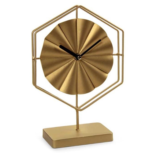 OROLOGIO DA TAVOLO ESAGONALE IN METALLO BRILLANTE BASE IN LEGNO DORATO 25 CM