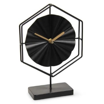 OROLOGIO DA TAVOLO ESAGONALE IN METALLO BRILLANTE BASE IN LEGNO NERO 25 CM