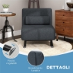 POLTRONA LETTO 3 IN 1 CON SCHIENALE REGOLABILE E CUSCINO IN TESSUTO EFFETTO LINO E ACCIAIO GRIGIO SCURO