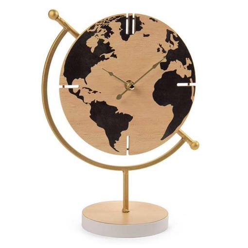 OROLOGIO ANALOGICO DA TAVOLO MAPPAMONDO QUADRANTE IN LEGNO, STRUTTURA IN METALLO DORATO 31 CM 