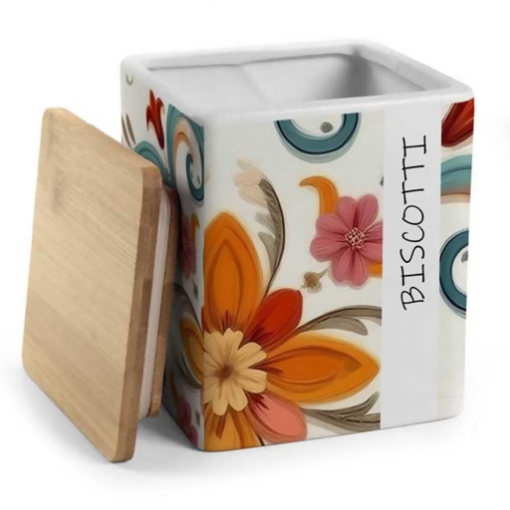 BISCOTTIERA QUADRATA "ROMANTIC" CON TAPPO IN LEGNO 13 X 15 CM